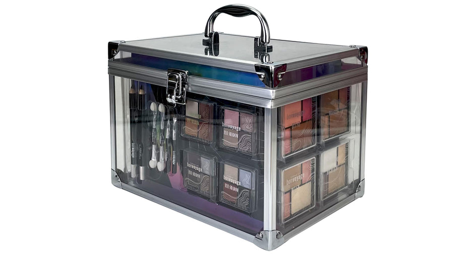Makeup case with various cosmetic products and tools on a white background