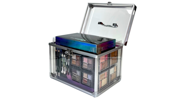 Makeup organizer with open lid displaying various cosmetic products on a white background