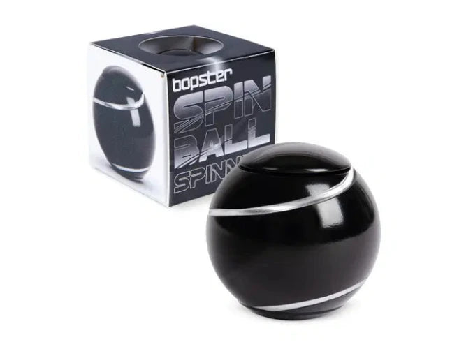 Black 'bopster Spin Ball' with packaging on a white background