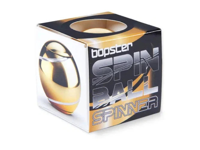 Box packaging of a bopster Spin Ball Spinner with gold and black design.