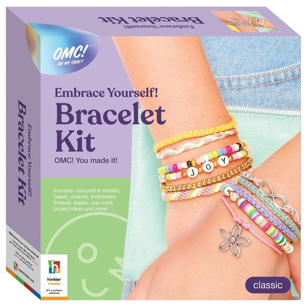 Bracelet kit packaging with colorful bracelets on a person's wrist