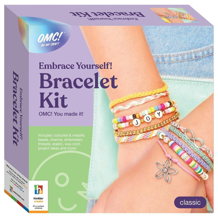 Bracelet kit packaging with colorful bracelets on a person's wrist