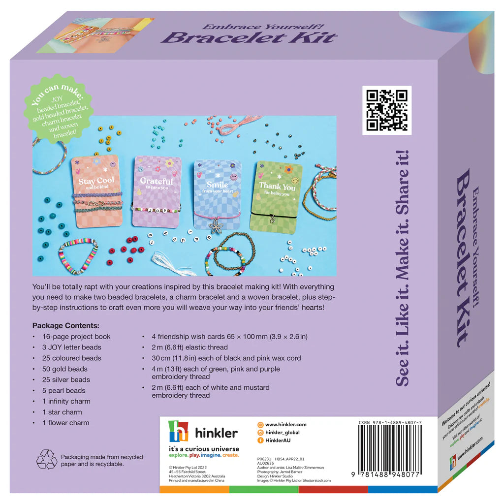 Bracelet kit packaging with colorful design and text on a purple background