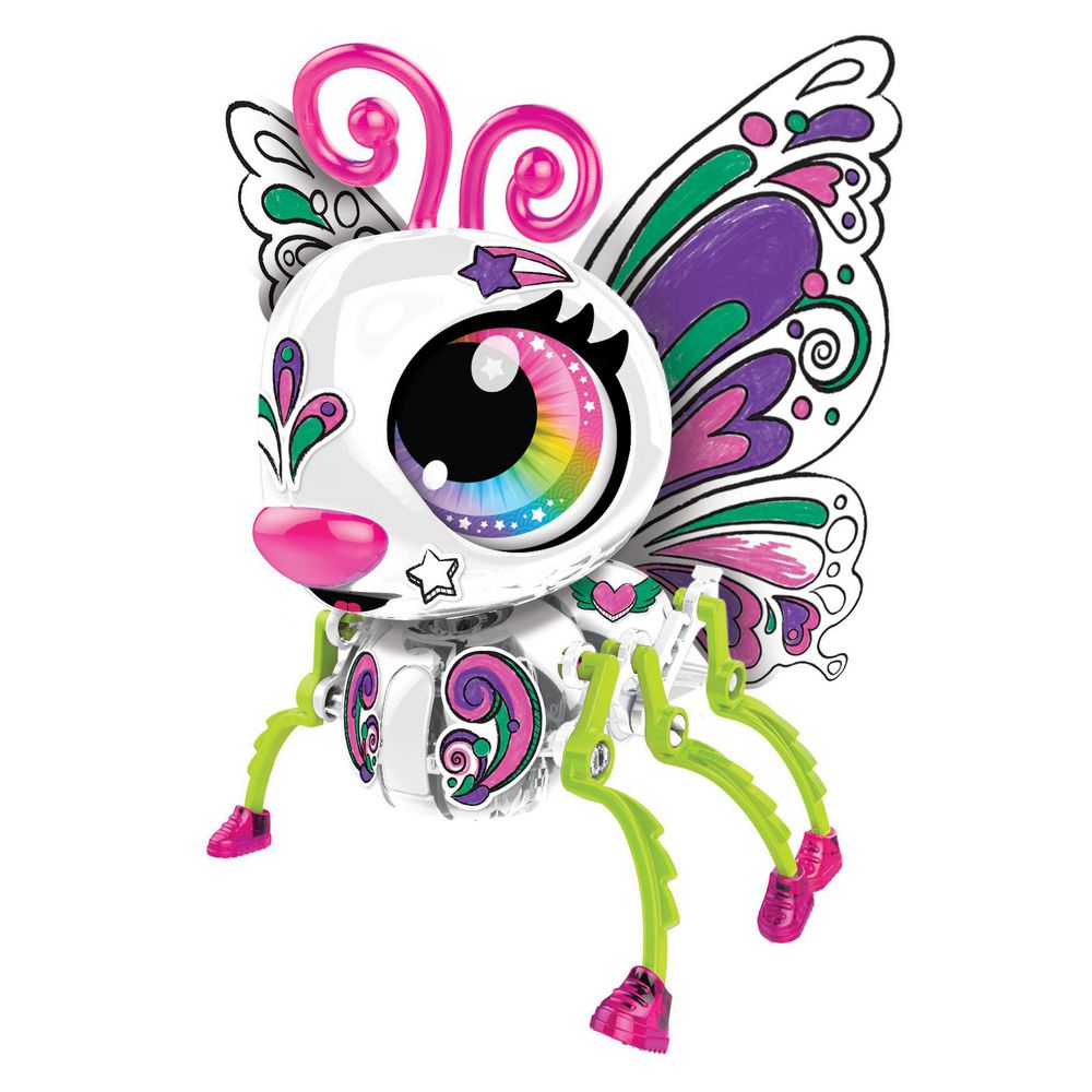 Colorful toy figure with butterfly wings and rainbow eye on a white background