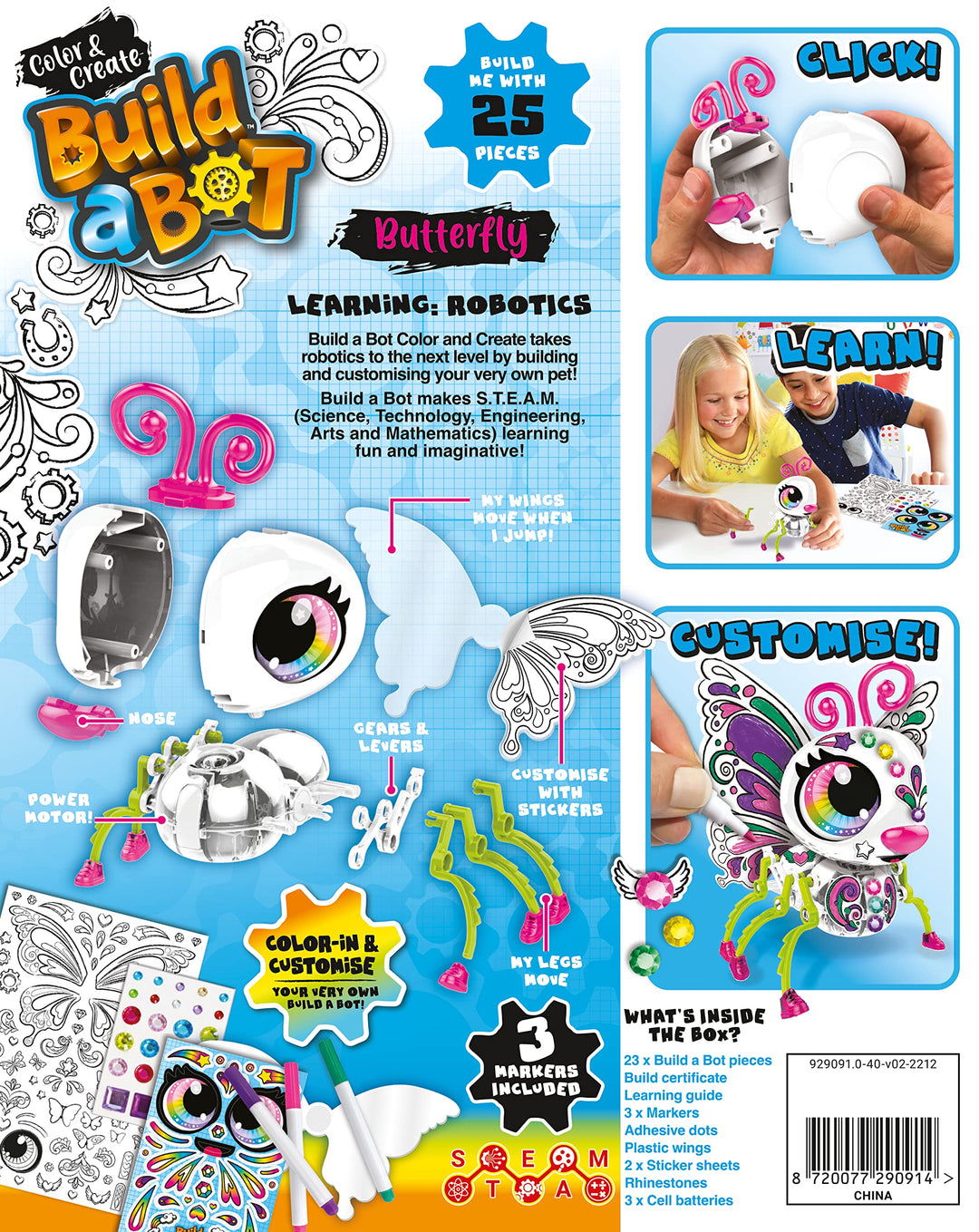 Product packaging for a 'Build a Bot' kit with butterfly design, featuring text and images of children using the kit.