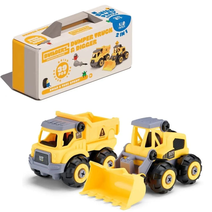 Two toy dump trucks in front of their packaging on a white background