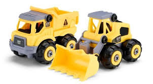 Two yellow construction toy trucks, a dump truck and a bulldozer, shown on a clean white background.