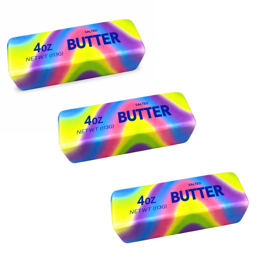 Three packages of salted butter with tie-dye design on a white background