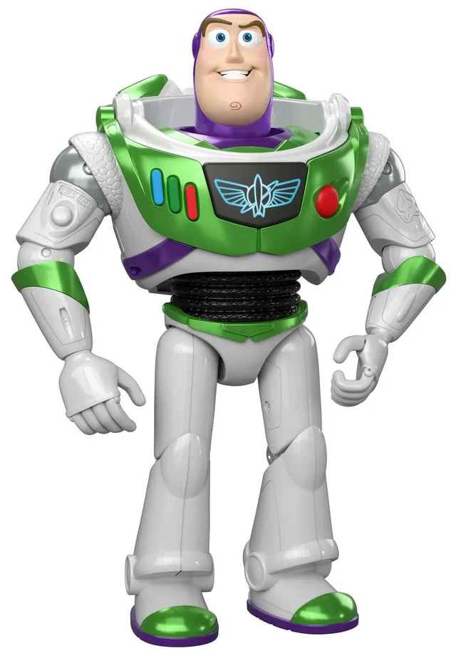 Buzz Lightyear action figure from Toy Story, featuring his signature green, white, and purple space ranger armor with a smiling face on the chest, set against a plain white background.