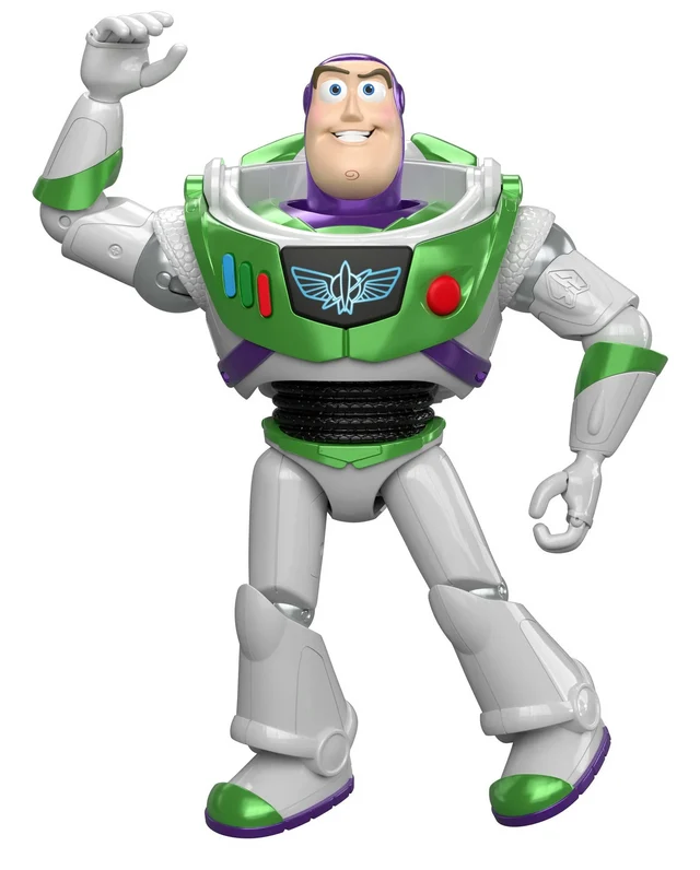 Buzz Lightyear action figure posed with one arm raised, featuring a white and green space ranger design with purple accents, on a plain white background.