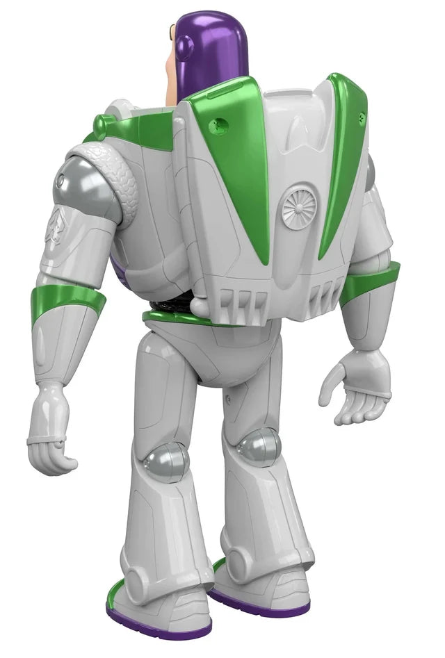 Buzz Lightyear action figure shown from the back, featuring a white body with green armor panels, a purple helmet, and silver metallic details, isolated on a white background available at kidzstuffonline
