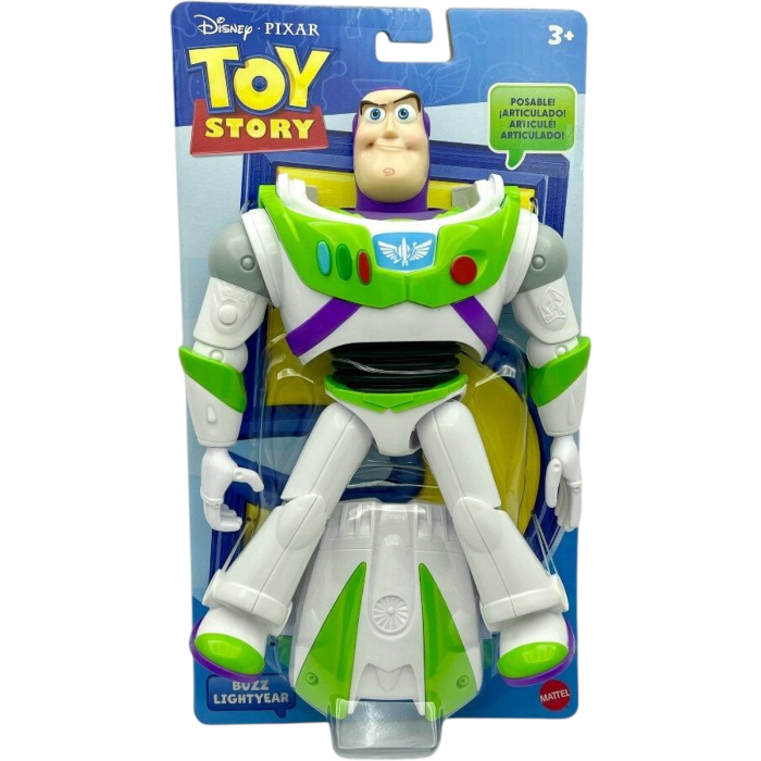 Disney Pixar Toy Story Buzz Lightyear action figure in its original blue blister packaging, featuring Buzz's face and green and white space ranger armor.
