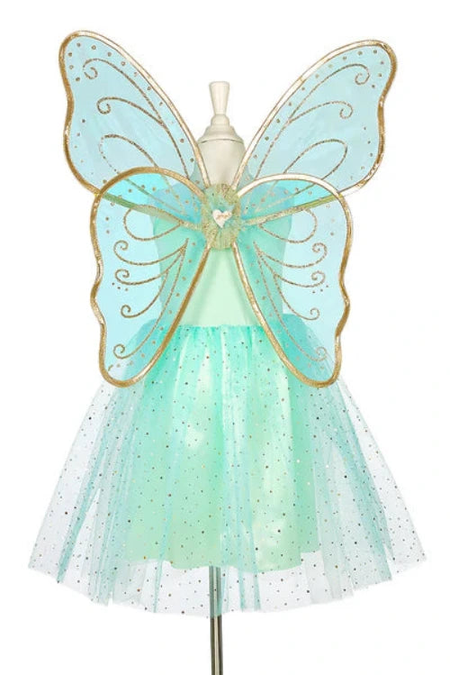 Mint green fairy costume with butterfly wings on a mannequin against a white background
