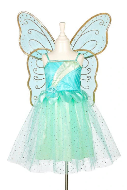 Mint green fairy costume with butterfly wings on a mannequin against a white background