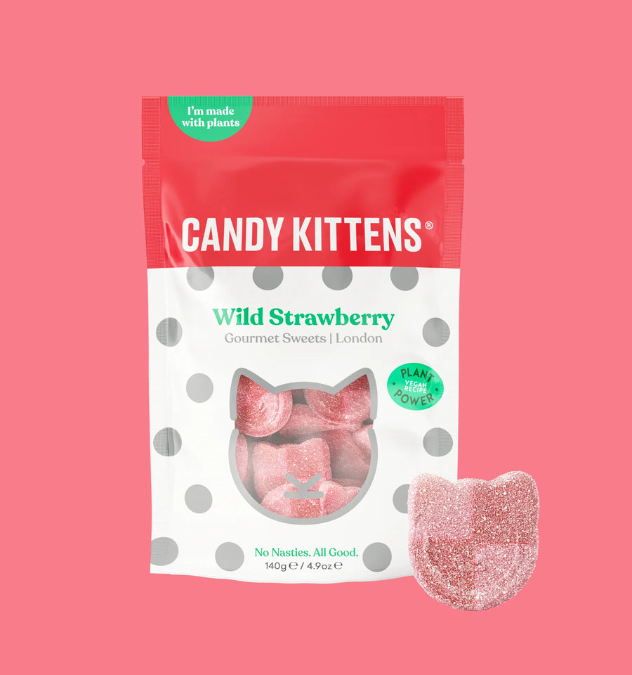 Candy Kittens Wild Strawberry gummy candy package on a pink background
