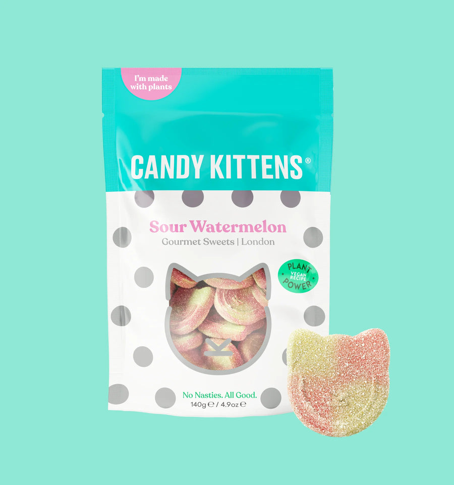 Packaging of Candy Kittens Sour Watermelon gummy candies on a teal background