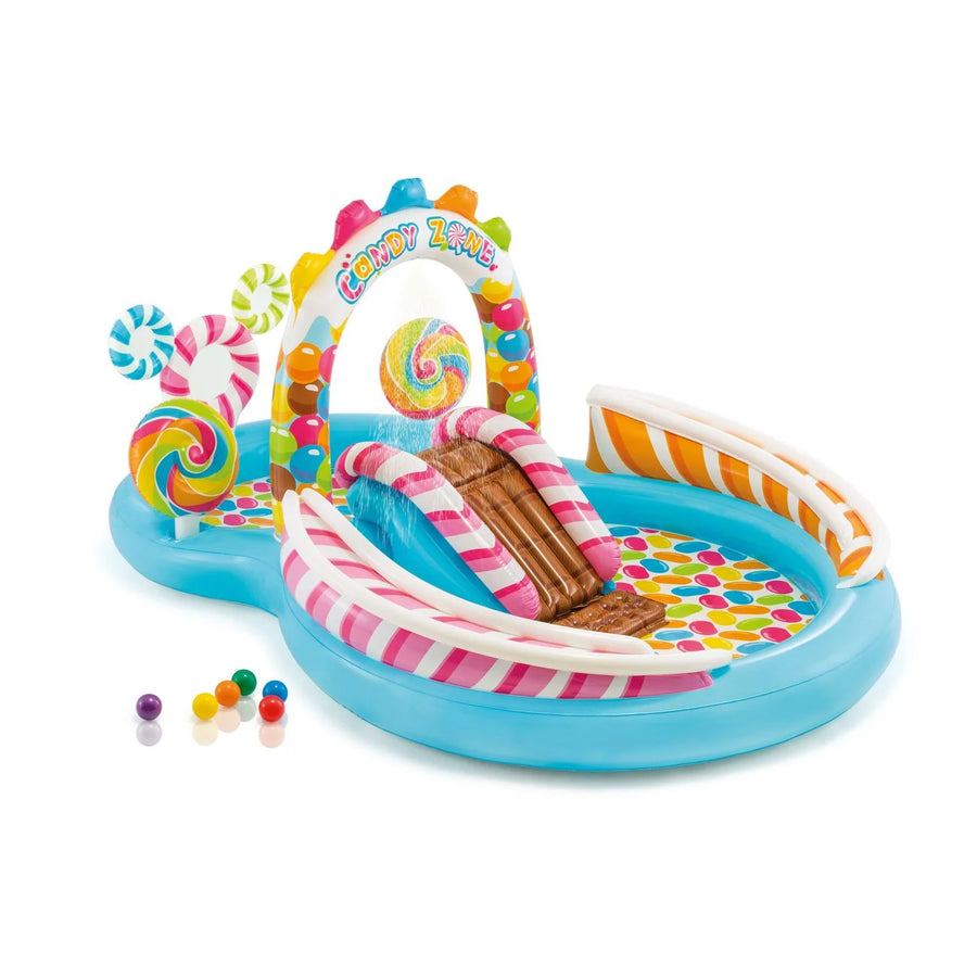 candy zone pool play centre with slide and waterfall on a white background