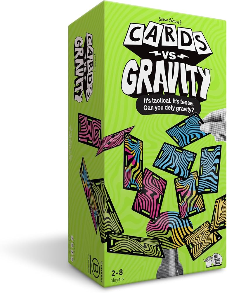 Steve Mason's Cards vs Gravity board game box, featuring a bright lime green background with illustrated cards defying gravity and bold white title text.