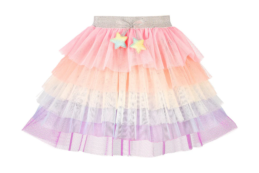 Pastel rainbow tutu skirt with star decorations on a white background