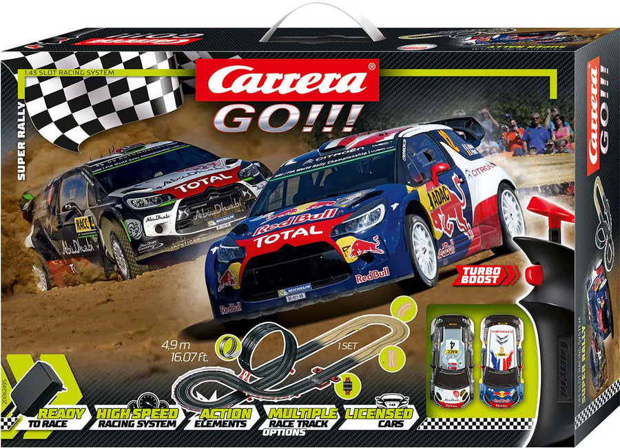 Carrera GO!!! slot car racing system packaging with two cars on a track
