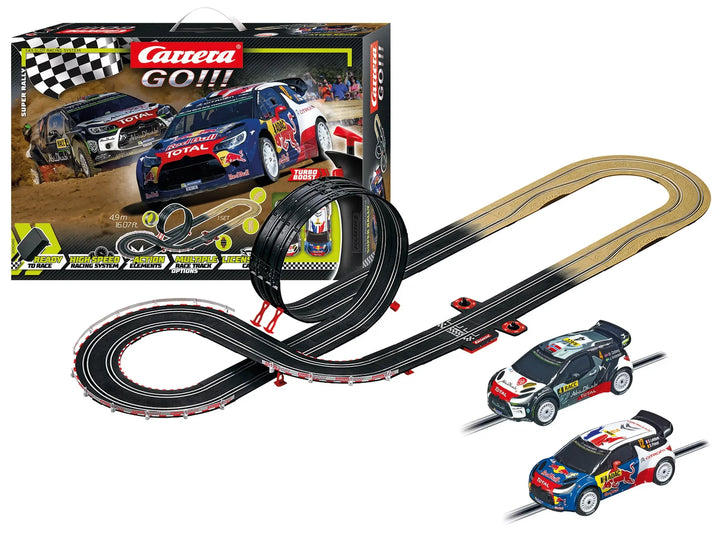 Carrera GO!!! slot car racing track set with two cars and packaging on a white background