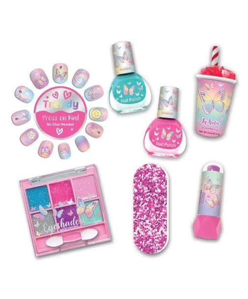 Children's makeup set with nail polish, lip gloss, and other accessories on a white background