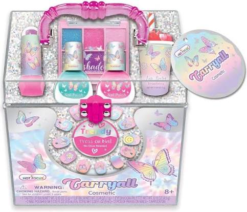 Carryall Cosmetics toy makeup kit in a clear plastic case with pink butterfly graphics, containing a pink handle, lip gloss, nail polish, blush, and other pastel makeup items, shown on a white background.