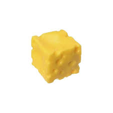 A small yellow cube-shaped item with a textured, bumpy surface, isolated on a white background.