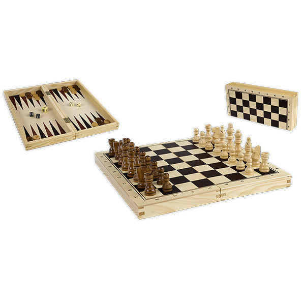 Wooden chess and backgammon set on a white background