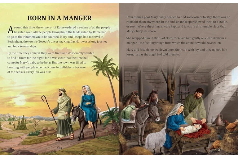 Illustration of the nativity scene with Mary, Joseph, and baby Jesus in a stable, surrounded by animals and people.