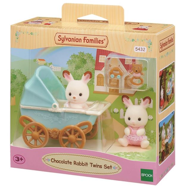 Sylvanian Families Chocolate Rabbit Twins Set packaging with figures and pram.