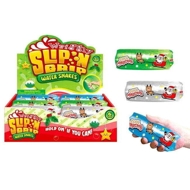 slip and grip snake display box showcasing silver, blue, and green snakes on a white background