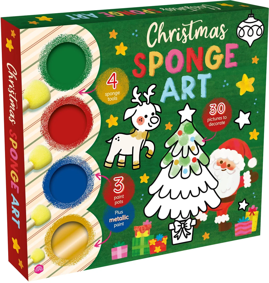 christmas sponge art in green box with santa and reindeer exemplars on packaging. 4 sponge art paints also seen