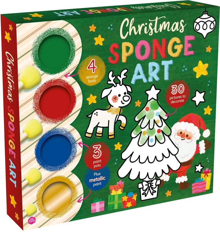 christmas sponge art in green box with santa and reindeer exemplars on packaging. 4 sponge art paints also seen
