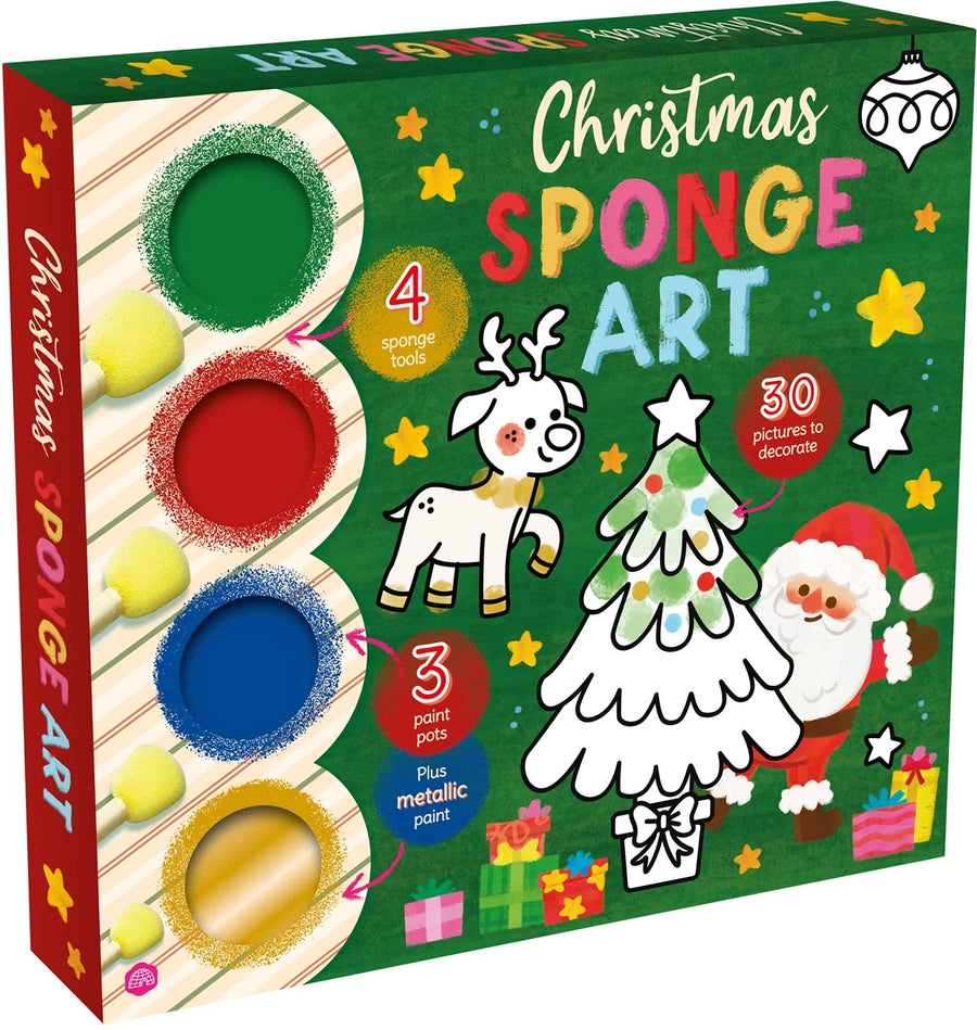 christmas sponge art in green box with santa and reindeer exemplars on packaging. 4 sponge art paints also seen