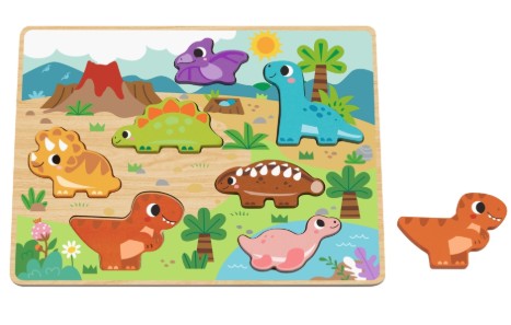 Wooden puzzle with dinosaur shapes on a colorful background