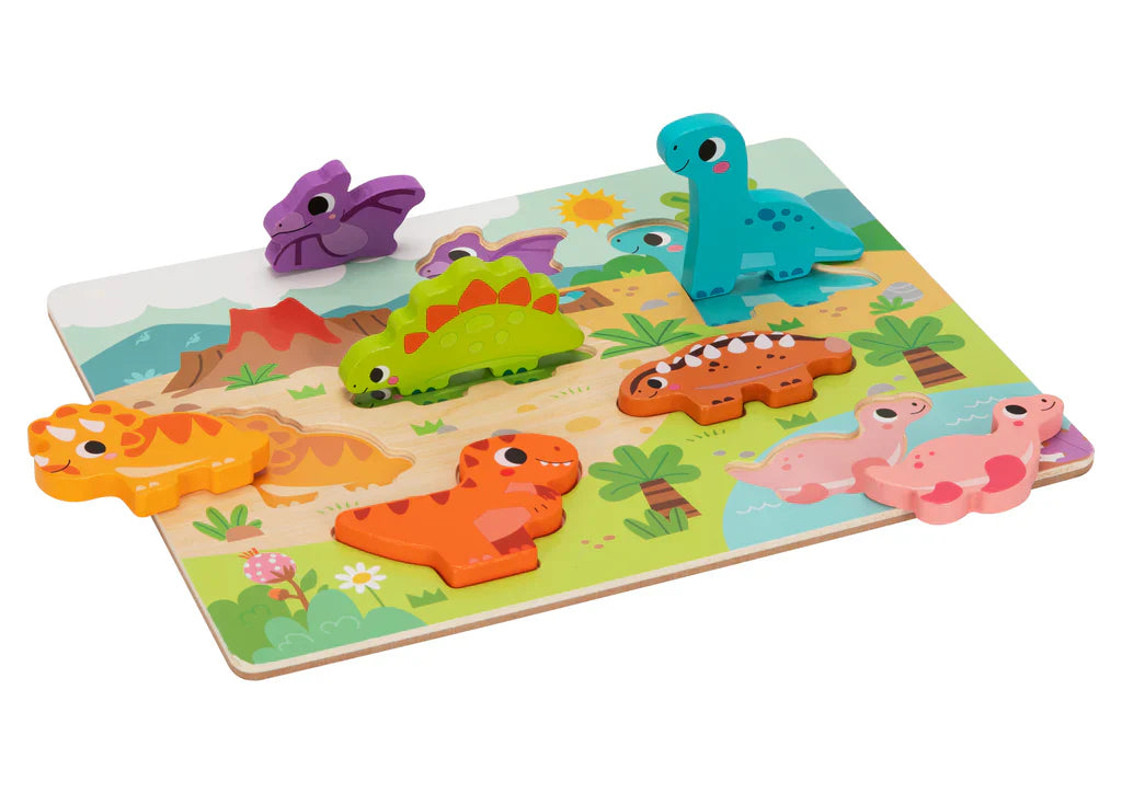 Colorful dinosaur puzzle with wooden pieces on a white background