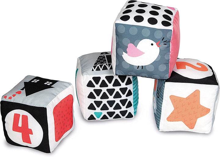 Set of colorful baby blocks with patterns and numbers on a white background