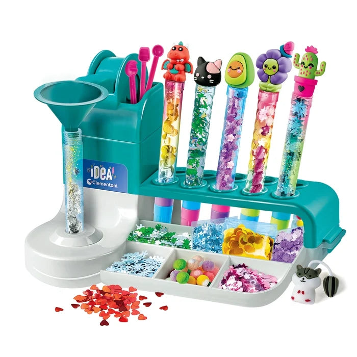 Colorful kids' craft kit with tubes and accessories on a white background