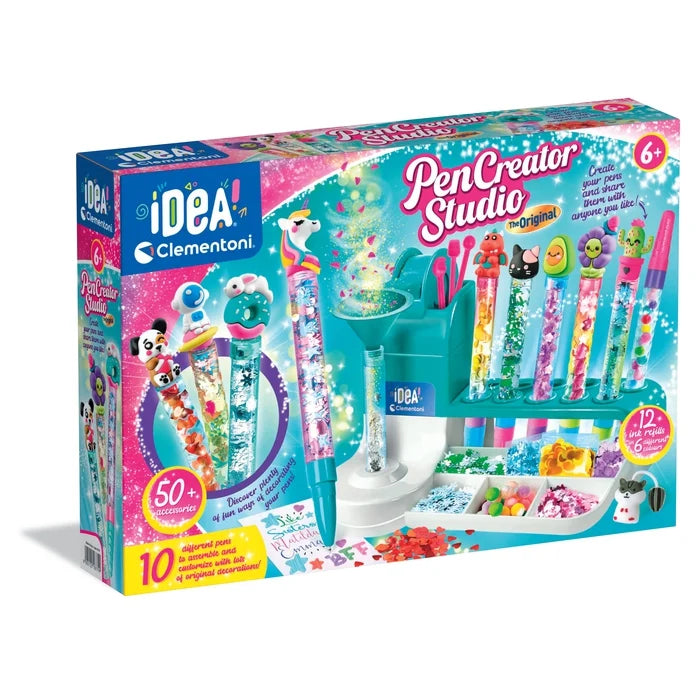 Clementoni Idea PenCreator Studio craft kit in its retail packaging, featuring a turquoise and pink box with illustrations of colorful pens, beads, and a crafting station.