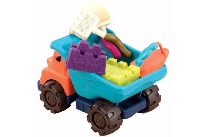 Colorful toy truck with sand toys on a white background