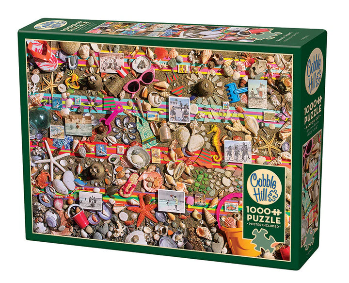 Cobble Hill puzzle box with various items and a green border Cobble hill Beach Scene 1000 piece puzzle