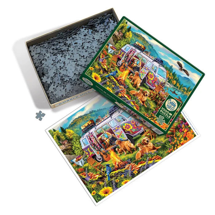Colorful puzzle with a van and nature scene, partially completed, on a white background.
