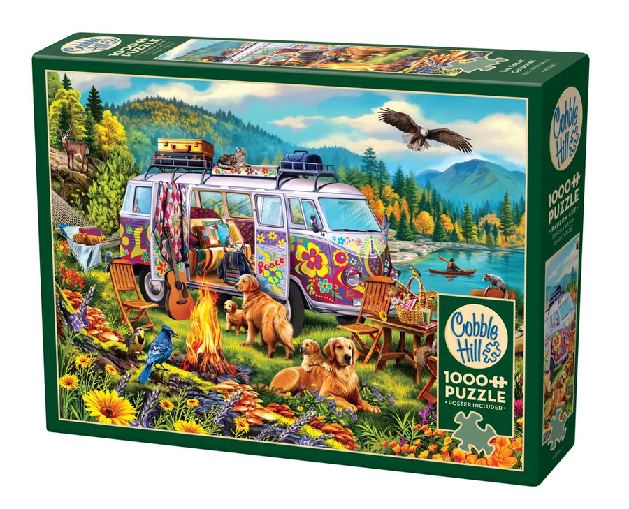 Jigsaw puzzle box featuring a colorful van and dogs by a lake with 'Cobble Hill' branding.1000 Piece Puzzle the Great Outdoors cobble hill