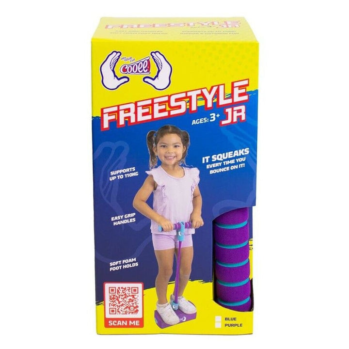 The retail packaging box for the 'Cooee' Freestyle Jr toy, featuring a bright yellow and blue design with a photo of a young girl riding the purple and blue squeaking toy.