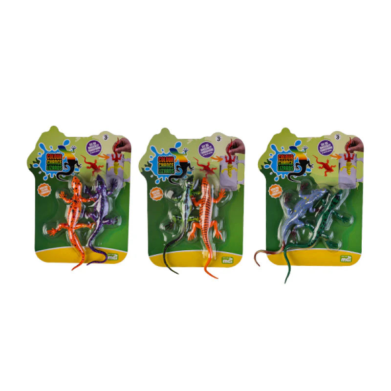 Three packages of toy colour changing lizards on a white background