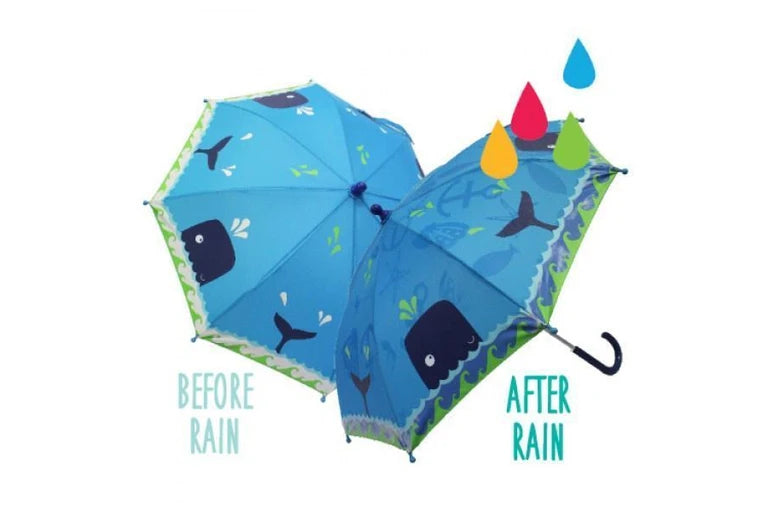 Children's umbrella with whale design, labeled 'Before Rain' and 'After Rain', on a white background.