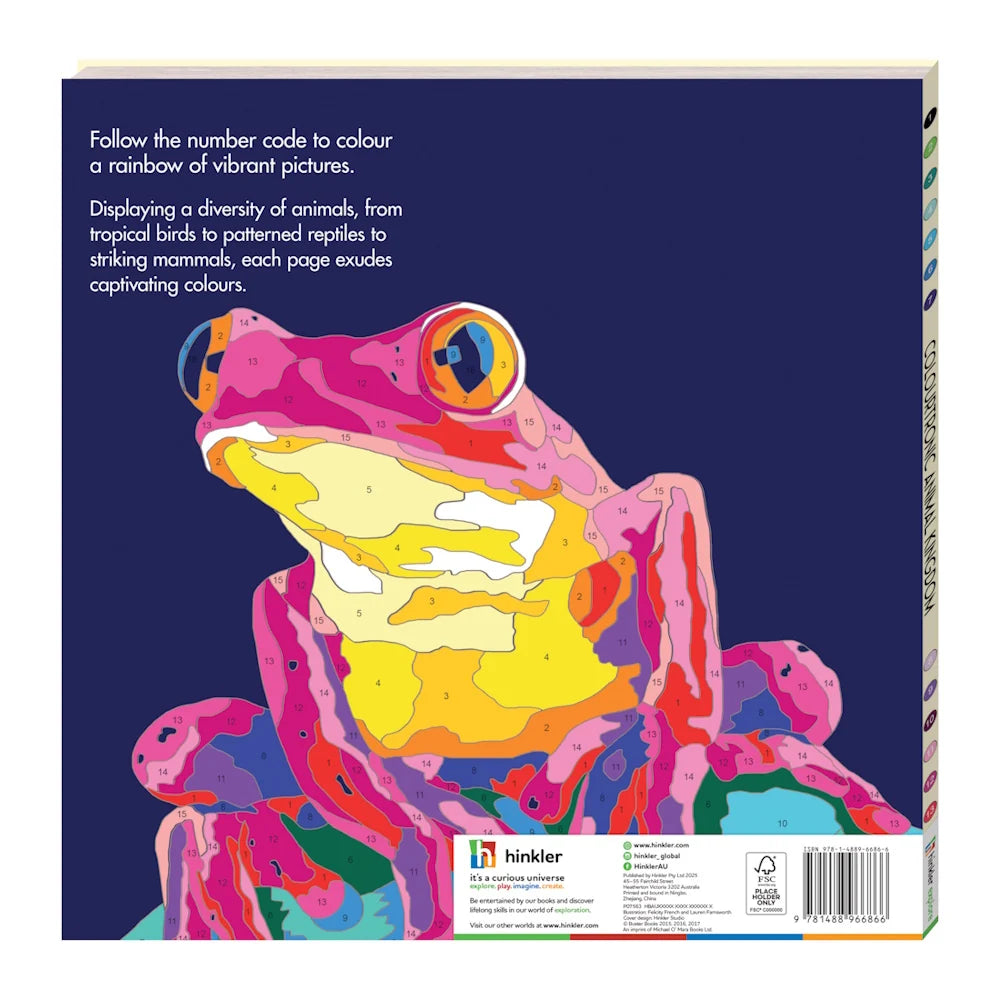 Coloring book with a colorful frog illustration on a blue background