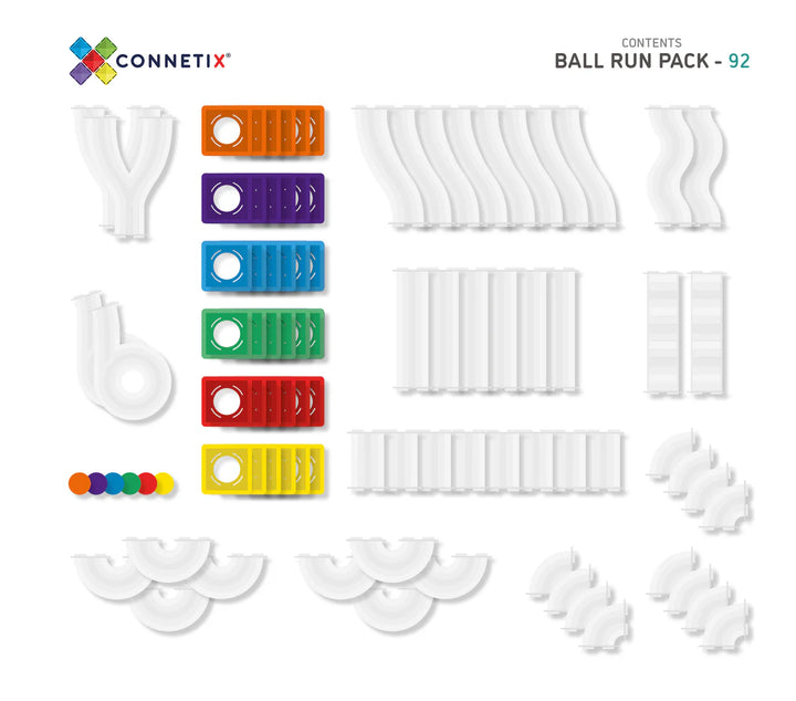 Connetix Magnetic Tiles Rainbow Ball Run 92 pieces contents