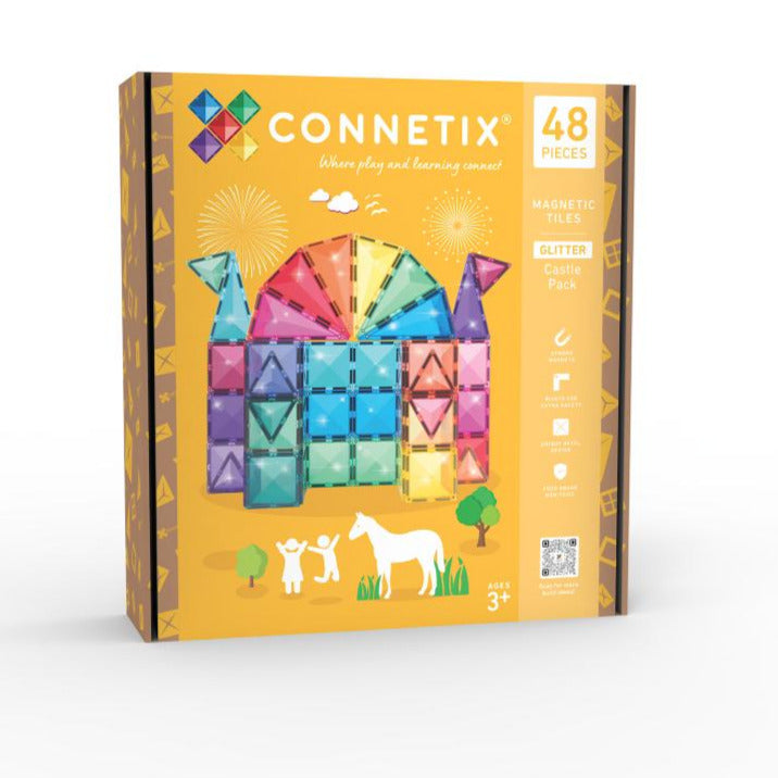 Connetix glitter castle packaging with colorful geometric shapes on a yellow background